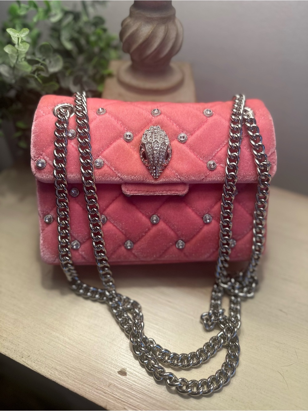 Kurt Geiger Mini Kensington Pink Quilted Velvet Crossbody Bag with Rhinestones